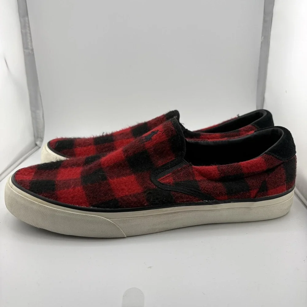 Polo Ralph Lauren Thompson Mens 12 Red Buffalo Check Plaid Slip On Sneakers